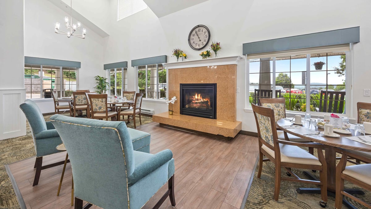 A cozy fireplace lounge at Bella Vista